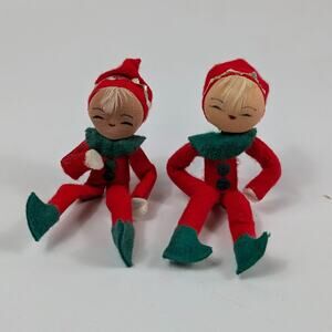 Vintage Felt Pixie Christmas Elves Poseable Christmas Holiday Decor Kitsch Nylon